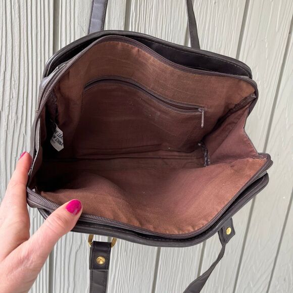 VTG 80s Genuine Leather Patchwork Tote Shoulder Bag Brown Multi Boho - Picture 4 of 11